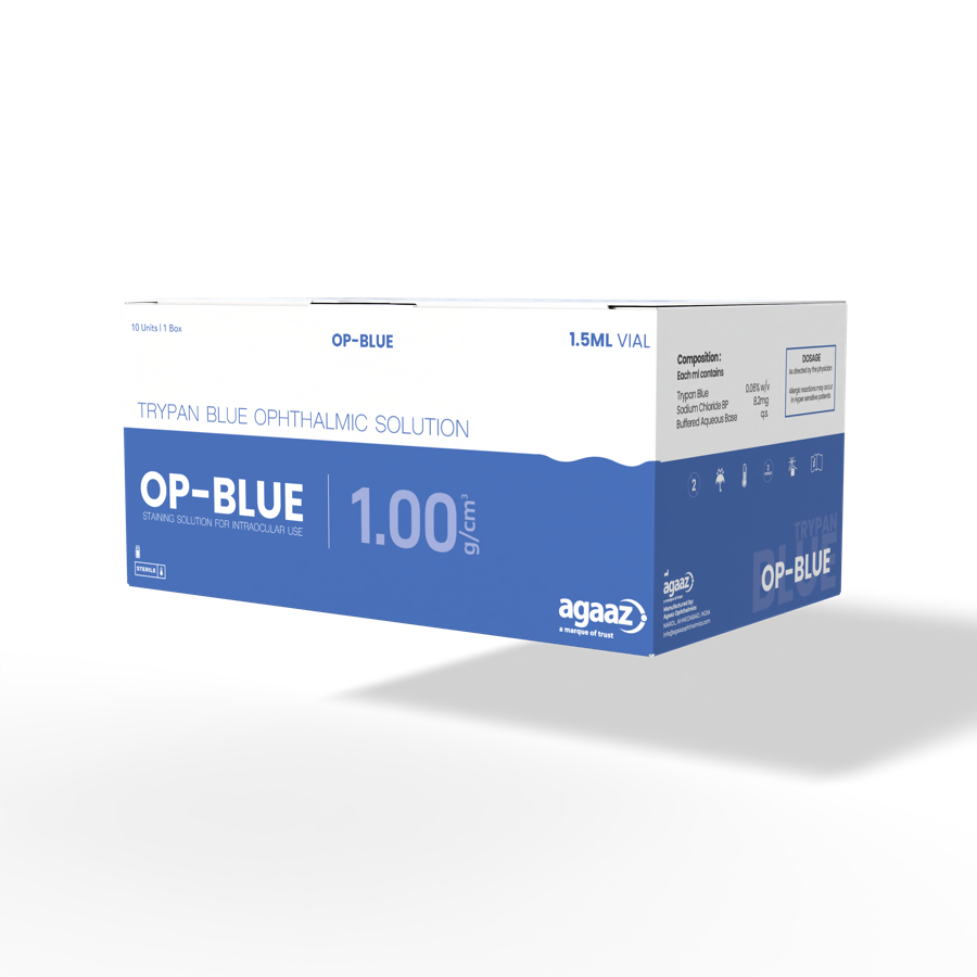 OP-BLUE trypan blue surgical dye for anterior capsule staining in cataract surgery, Agaaz Ophthalmics